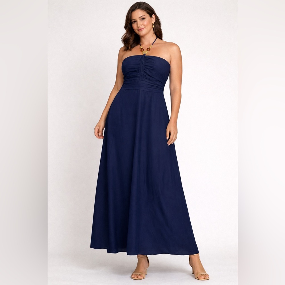 SOLD
Eliza J Navy Blue Beaded Halter Maxi Dress Size 12 Beaded Tie Neck Lined